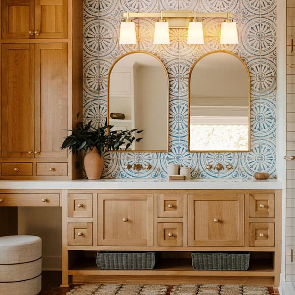 27.6 in. 4-Light Brushed Gold Bathroom Vanity Light with Frosted Glass Square Shades Classic Wall Sconce