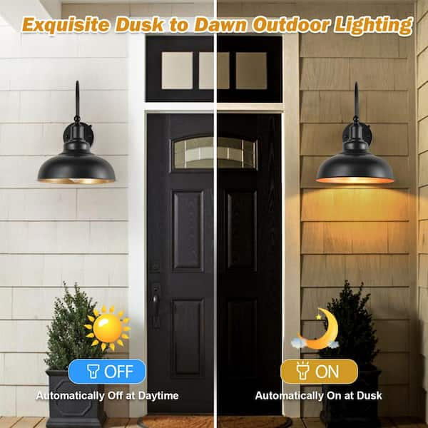 15.7 in. Black and Gold Dusk to Dawn Farmhouse Outdoor Hardwired Wall Barn Light Sconce with No Bulbs Included (2-Pack)