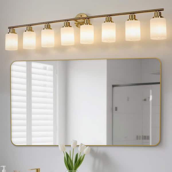GMGSROM 52 in. 8-Light Gold Bathroom Vanity Light Fixture with Frosted Glass Shades