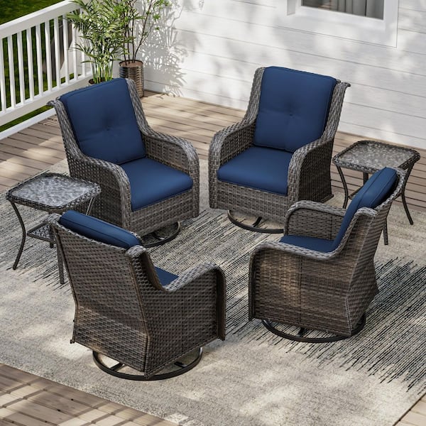 6-Piece Wicker Outdoor Rocking Chair All-Weather Patio Swivel Chair Set with Blue Cushions