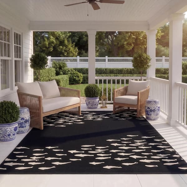 Courtyard Black/Beige 8 ft. x 11 ft. Aquatic Indoor/Outdoor Area Rug
