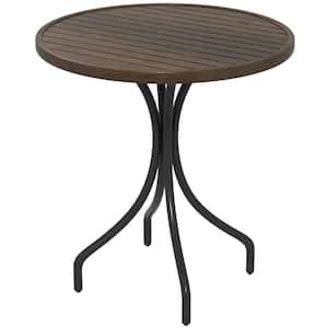 26 in. Round Metal Outdoor Side Table with Steel Frame & Slat Tabletop Design in Distressed Brown for Indoor/Outdoor Use