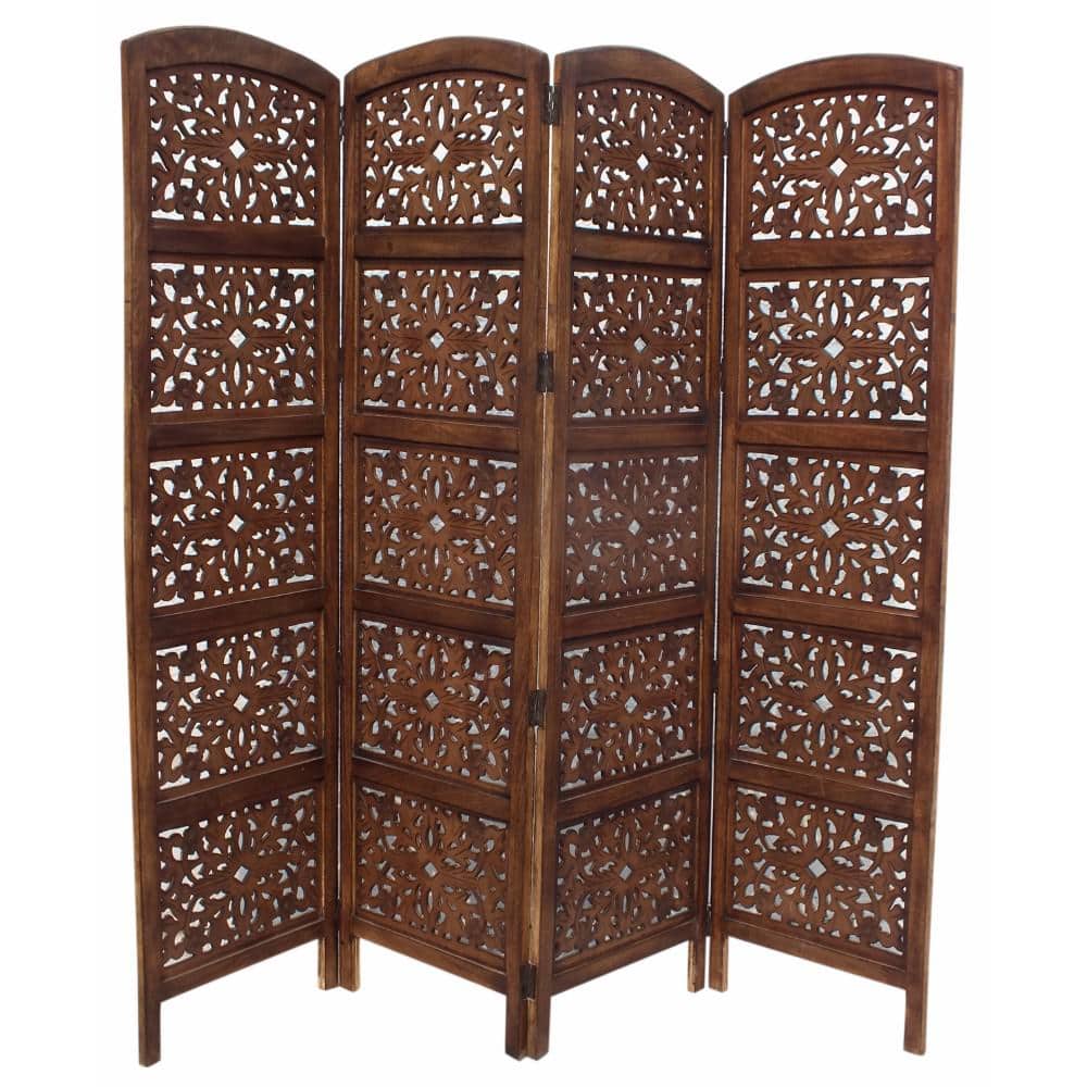 Handmade Dark Brown Mango Wood 4-Panel Room Divider