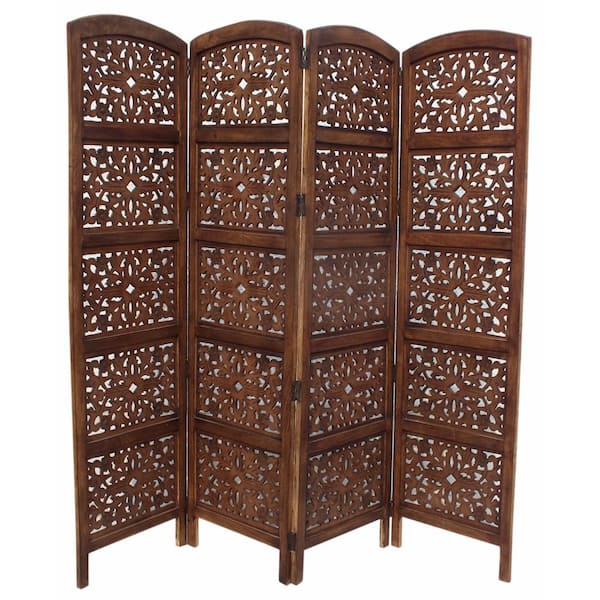 THE URBAN PORT Handmade Foldable 4-Panel Brown Wooden Partition Screen Room Divider