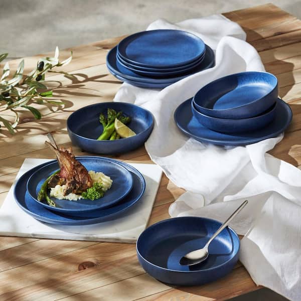STONE LAIN Macchio 12-Piece Blue Matte Stoneware Dinnerware Set