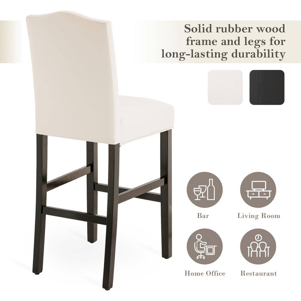 Set of 2 Cream White Leatherette Studded Barstools with Wood Legs