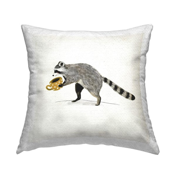 Raccoon and Coffee Mug Grey Square Outdoor Throw Pillow