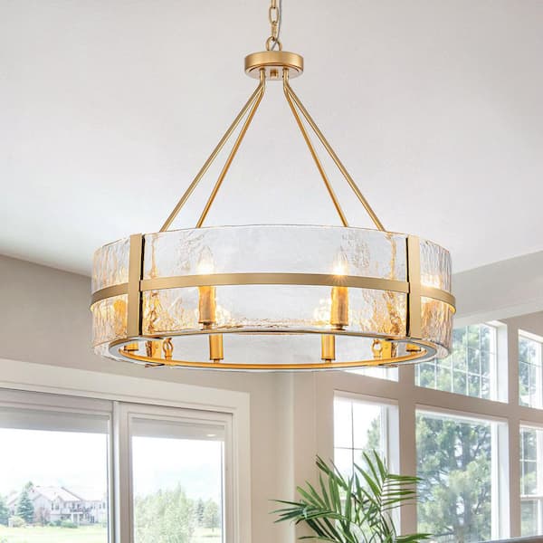 Dvorakova 27.95 in. 8-Light Gold Round Dimmable Chandelier with Textured Glass Shade