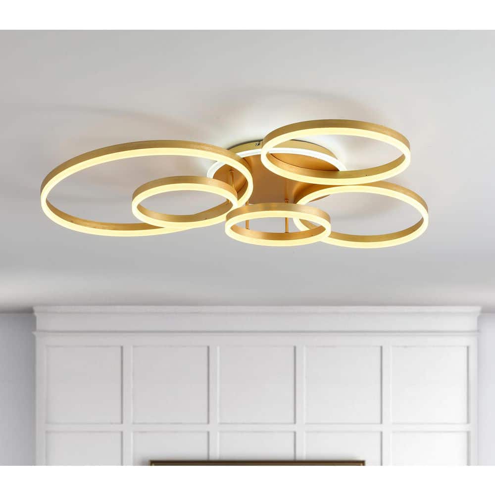 45.6 in. 6-Light Gold Circle Oversized Chandeliers LED Semi-Flush Mount Cei