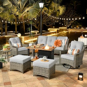 Verona Grey 7-Piece Wicker Outdoor Fire Pit Patio Conversation Sofa Set with Swivel Chairs and Light Grey Cushions