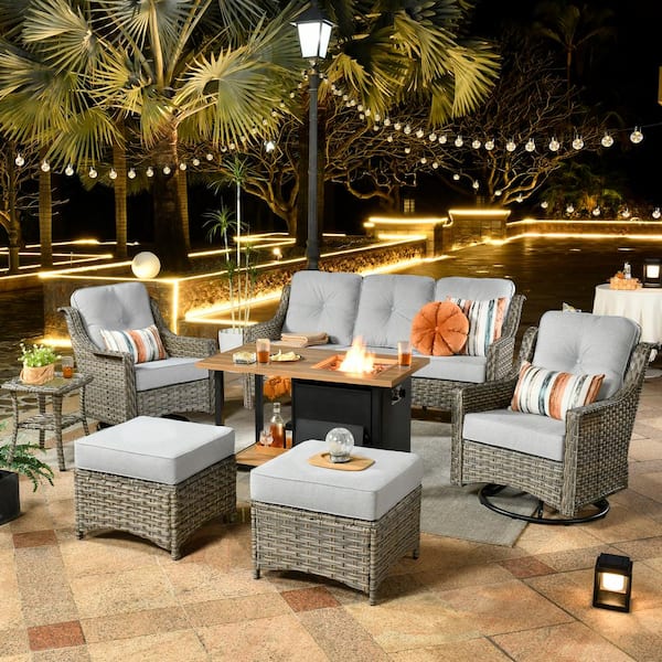 HOOOWOOO Verona Grey 7-Piece Wicker Outdoor Fire Pit Patio Conversation Sofa Set with Swivel Chairs and Light Grey Cushions