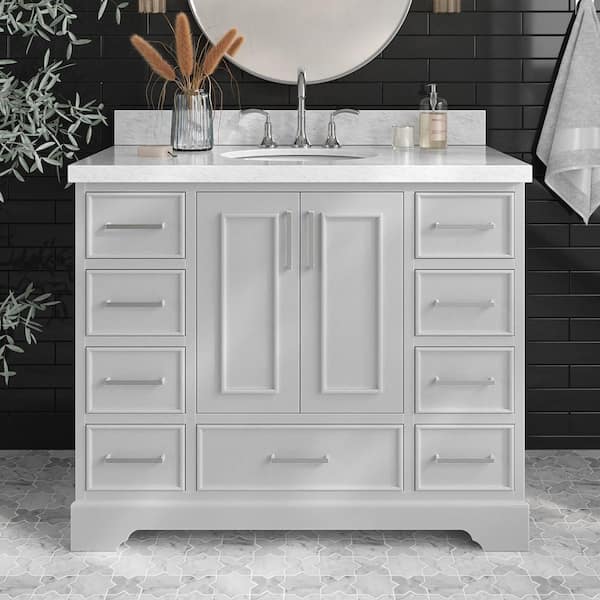 ARIEL Stafford 43 in. W x 22 in. D x 36 in. H Single Sink Freestanding Bath Vanity in Grey with Carrara White Marble Top
