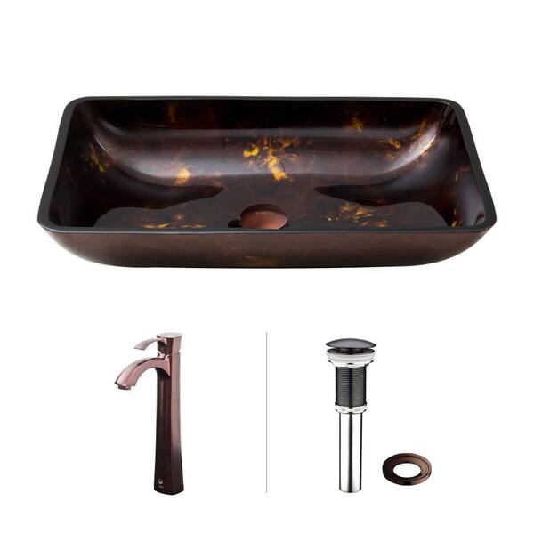 VIGO Rectangular Glass Vessel Bathroom Sink in Brown and Gold Fusion with Faucet Set in Oil Rubbed Bronze