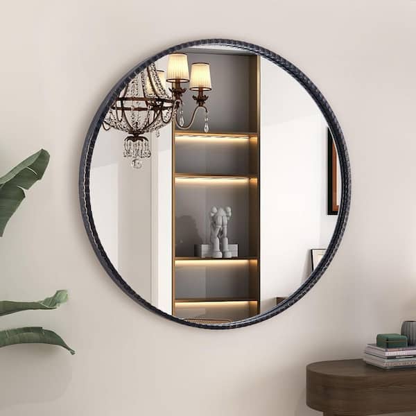 32 in. W x 32 in. H Modern Unique Round Vintage Black Framed Art Deco Wall Decorative Mirror Dresser Mirror, Entry Way