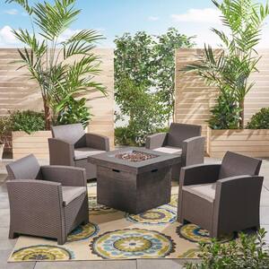 Bedrock 5-Piece Faux Wicker Patio Fire Pit Conversation Set with Mixed Beige Cushions