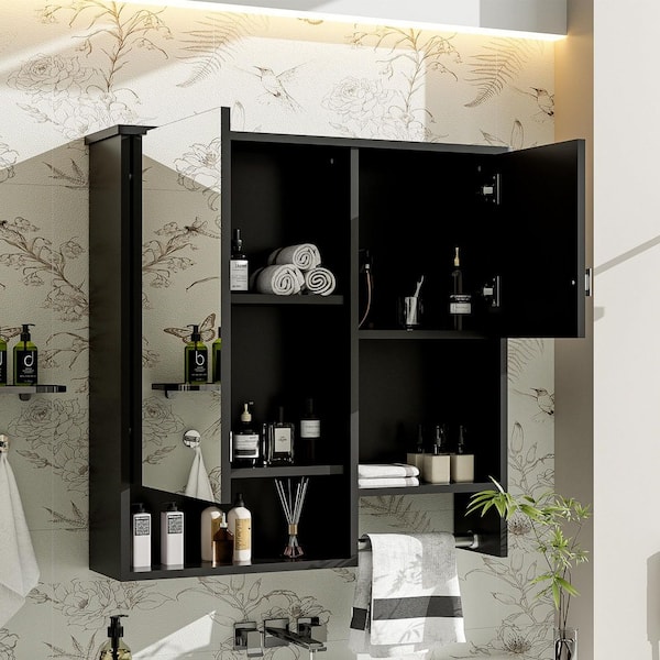 29.52 in. W x 28.74 in. H Rectangular MDF Medicine Cabinet in Black with Mirror and Towels Bar