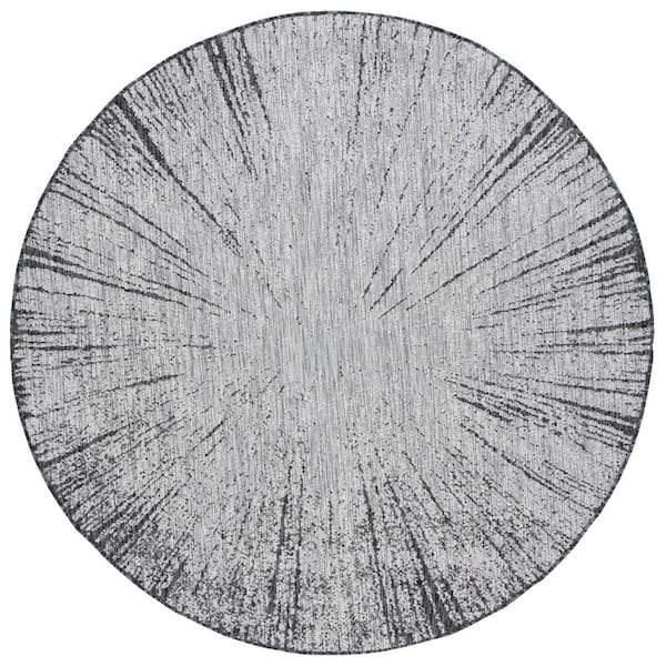 Courtyard Gray/Black 7 ft. x 7 ft. Floral Abstract Indoor/Outdoor Round Area Rug