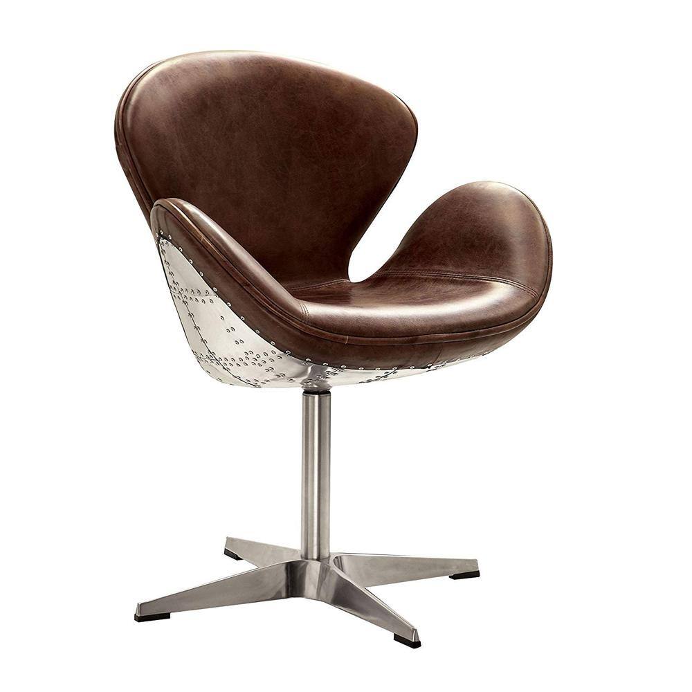 Acme Furniture Brancaster Retro Brown Top Grain Leather and Aluminum  Leather Swivel Arm Chair 96553 - The Home Depot