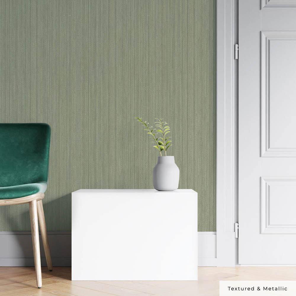 Green Textured Grasscloth Peel and Stick Wallpaper Roll