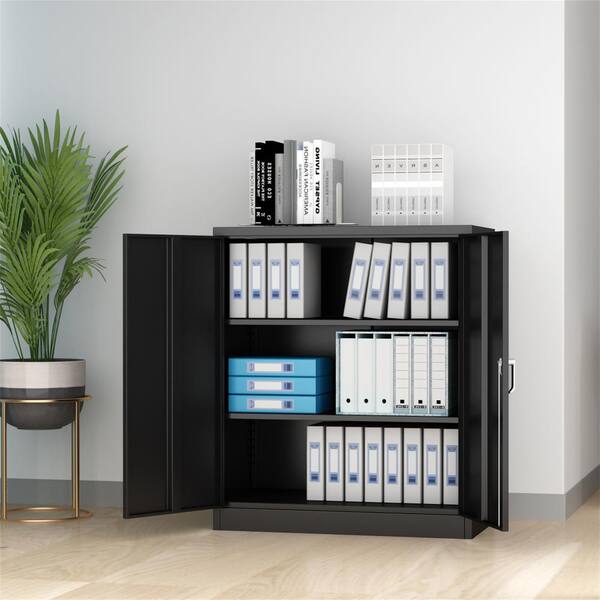 Office Storage Cupboard Black Wooden 2 Door Bookcase Lockable Cabinet Shelves 