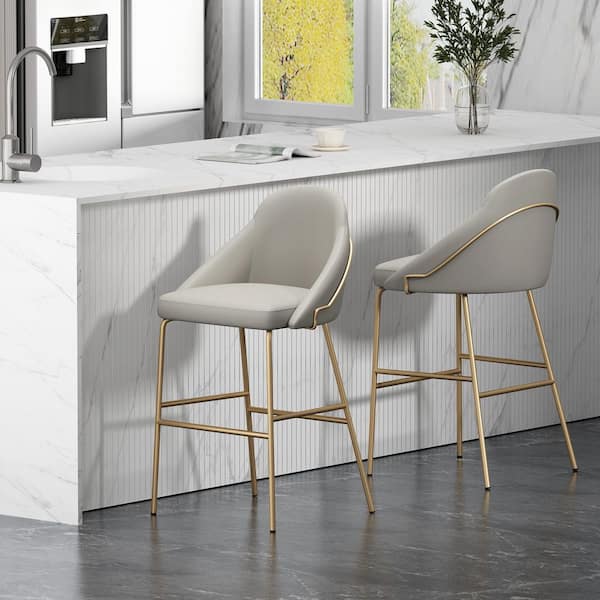 Manhattan Comfort Gracie 29.1 in. Modern Stone and Gold Metal Frame Bar Stool with Faux Leather Upholstered Seat (Set of 2)