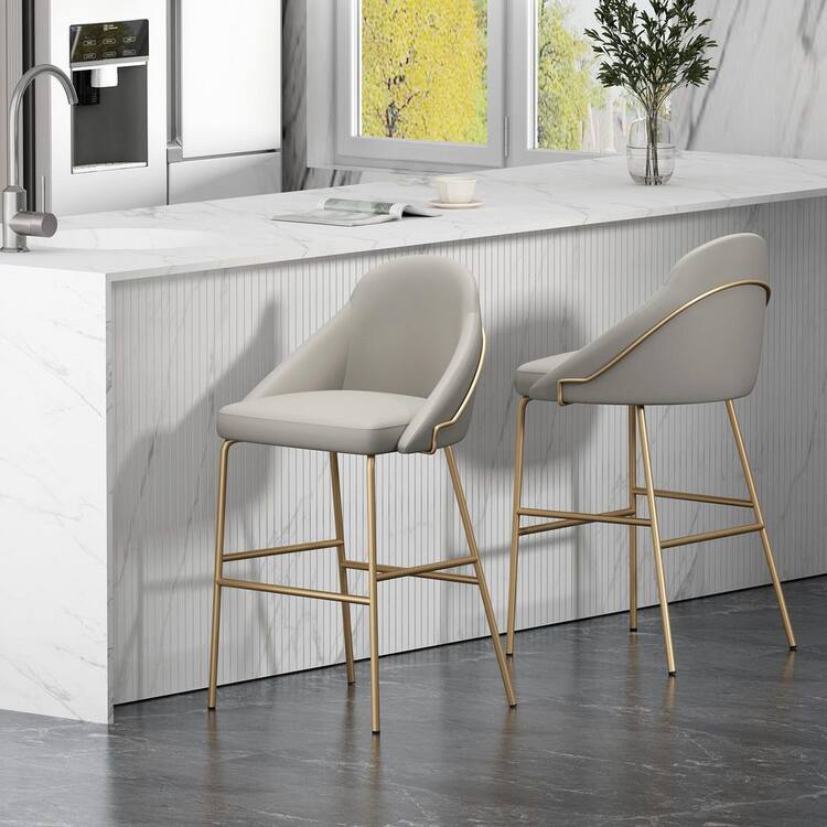Manhattan Comfort Gracie 29.1 in. Modern Stone and Gold Metal Frame Bar Stool with Faux Leather Upholstered Seat (Set of 2)