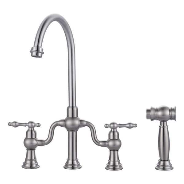 WOWOW Solid Brass Double Handle High-Arc Deck Mounted Bridge Kitchen Faucet with Side Sprayer in Brushed Nickel