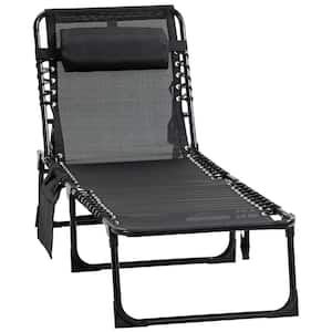 Reclining Portable Metal Outdoor Lounge Chair, Sun Lounger with Adjustable Backrest and Removable Pillow in Black