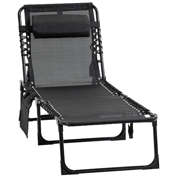 Outsunny Reclining Portable Metal Outdoor Lounge Chair, Sun Lounger with Adjustable Backrest and Removable Pillow in Black
