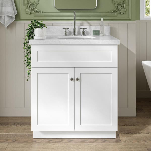 ARIEL Hamlet 30 in. W x 22 in. D x 36 in. H Bath Vanity in White with Carrara Marble Vanity Top