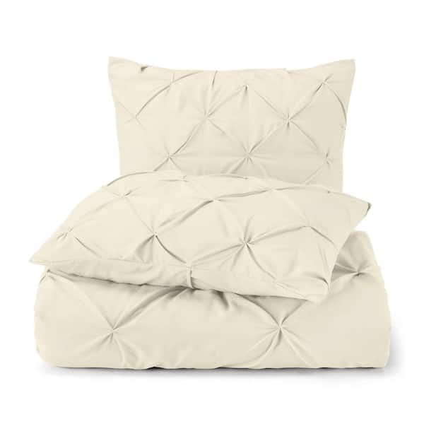Delara GOTS Certified 3-Pieces Ivory Pintuck Organic Cotton 300 TC, 8 Internal Ties, Fair Trade King Duvet Set