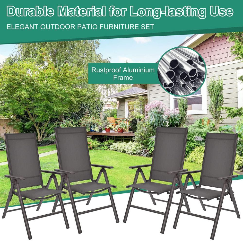 Gray Aluminum Folding Dining Chairs with Adjustable Reclining Backrest, Set of 2