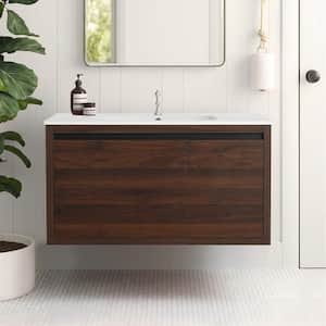 Modern 35.4 in. W x 18.1 in. D x 19.7 in . H Floating Bath Vanity in California Walnut with White Resin Top