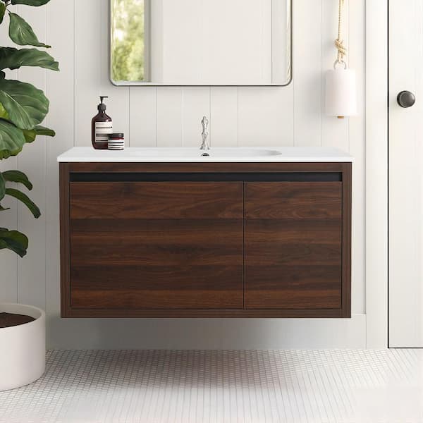 UPIKER Modern 35.4 in. W x 18.1 in. D x 19.7 in . H Floating Bath Vanity in California Walnut with White Resin Top