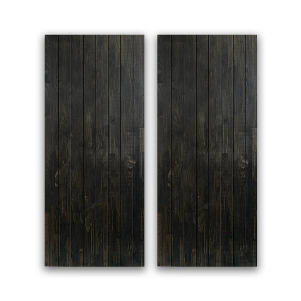 CALHOME 84 in. x 84 in. Hollow Core Charcoal Black Stained Pine Wood Interior Double Sliding Closet Doors