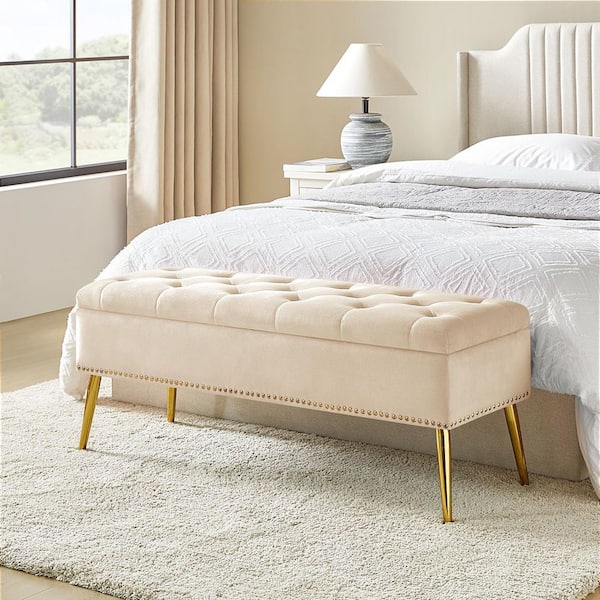 Hippolytus Classic Tan 45.5 in. Polyester Button-Tufted Storage Bedroom Bench with Nailhead Trim
