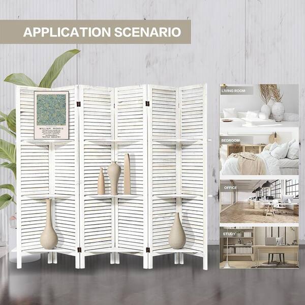 Unbranded - White Wood Folding Privacy Screens, 6-Panel Room Divider with Shelve, Partition Room Divider Temporary Wall for Home