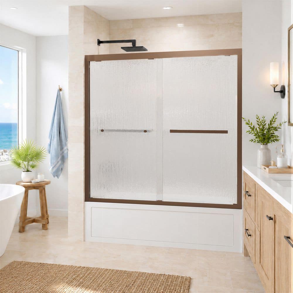 56 in. - 60 in. W x 58 in. H Double Sliding Framed Tub Shower Door in Oil Rubbed Bronze with Rain Glass price history on PriceWatchPro