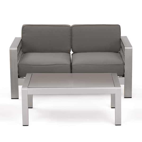 Noble House Cape Coral Silver 2-Piece Aluminum Patio Conversation Set with Khaki Cushions