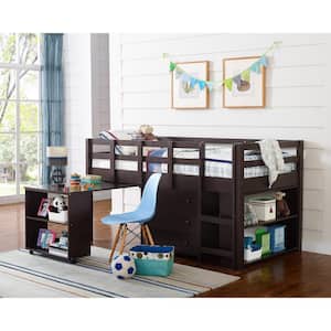 Brown, Twin Loft Bed with Desk, Low Study Kids Loft Bed, Low Loft Bed with Desk, Storage Cabinet, Ladder, Bookcase Shelf
