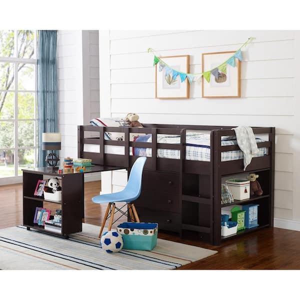 Twin Loft Bed with Desk, Low Study Loft Bed for Kids, Storage Cabinet, Ladder & Bookcase Shelf in Espresso
