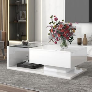 39.30 in. White Rectangle Particle Board Top Coffee Table with Tempered Glass