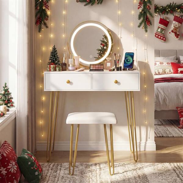 dressing table fairy lights HONEY JOY Makeup Vanity Set Vanity Table with Removable Mirror Dressing  Styling Table White TOPB009277