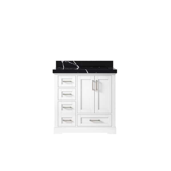 Willow Collections Boston 36 in. W x 22 in. D x 36 in. H Right Offset Single Sink Bath Vanity in White with 2 in. Calacatta Black qt Top