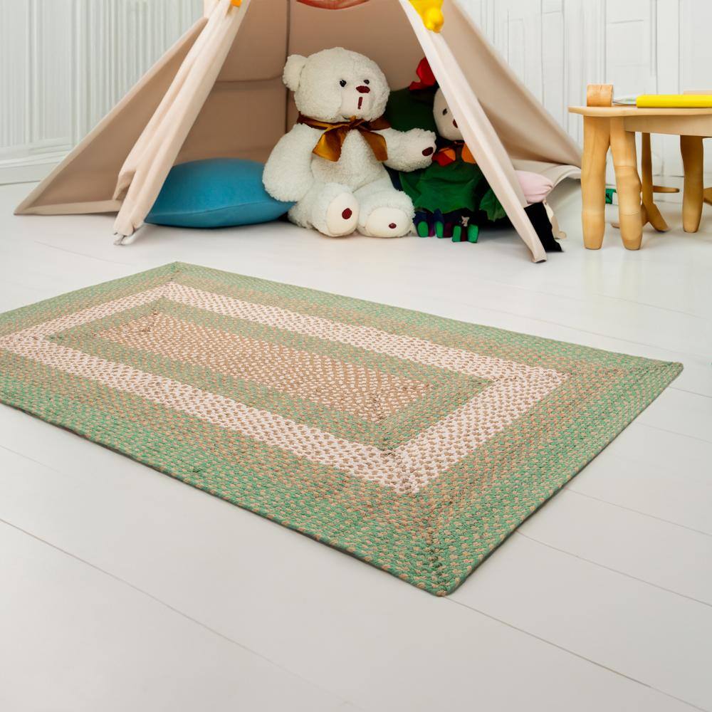 Handmade Green and Cream Braided Cotton Area Rug