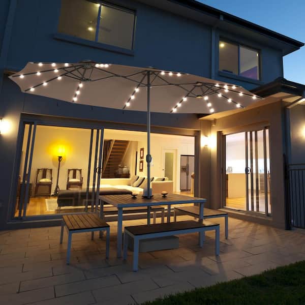 15 ft. Steel Market Solar Patio Umbrella in Tan with LED Lights