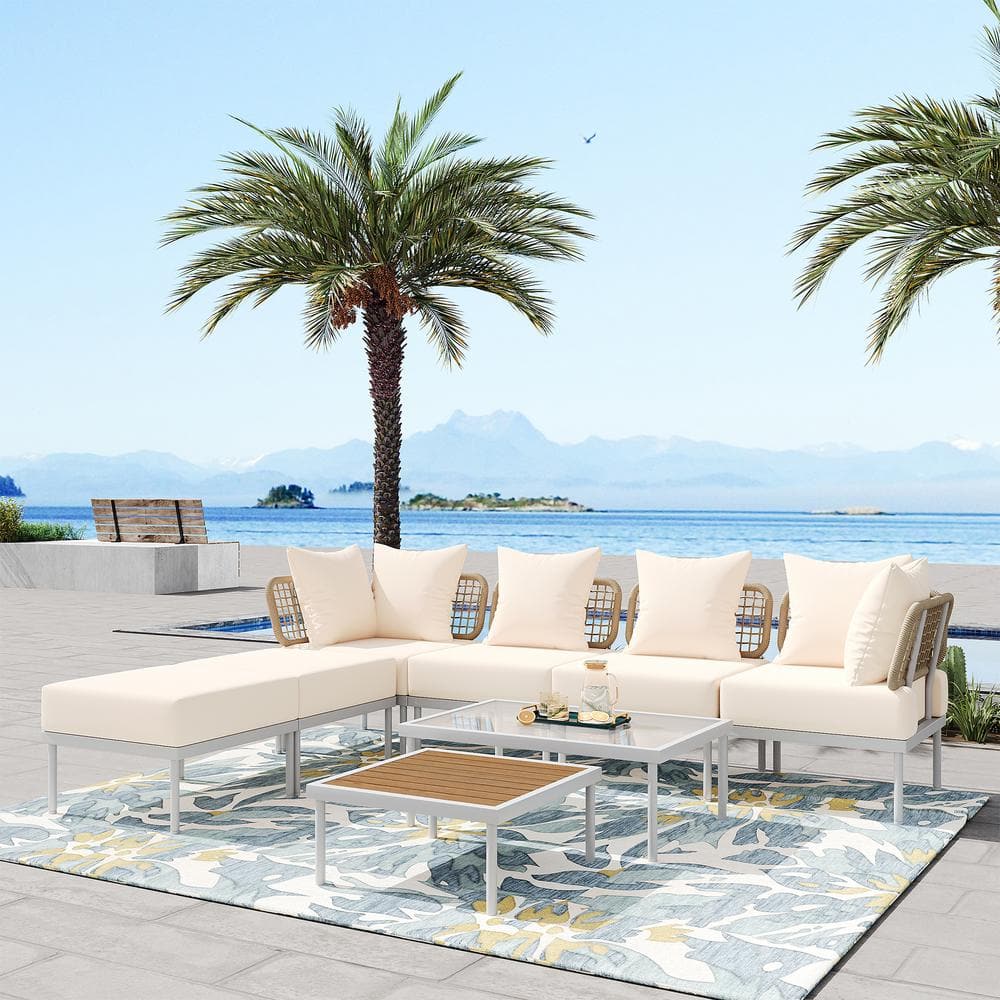 8-Piece White Metal Outdoor Sectional Sofa Set with Beige Cushions and 2-Coffee Tables