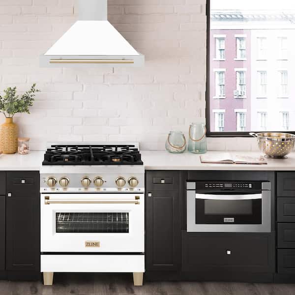 Autograph Edition 30 in. 400 CFM Ducted Vent Wall Mount Range Hood in Stainless Steel, White Matte & Polished Gold