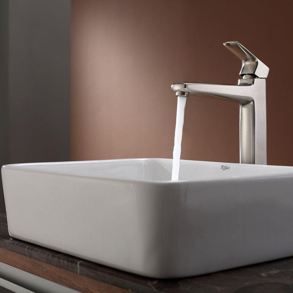 White Ceramic Rectangular Vessel Sink with Satin Nickel Drain