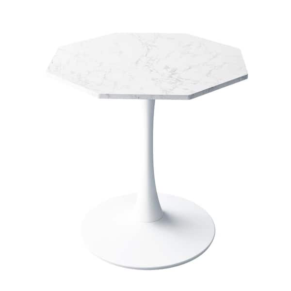 Cesicia White Marble Octagonal Wood Outdoor Coffee Leisure Table with Marble Table Top and Metal Base